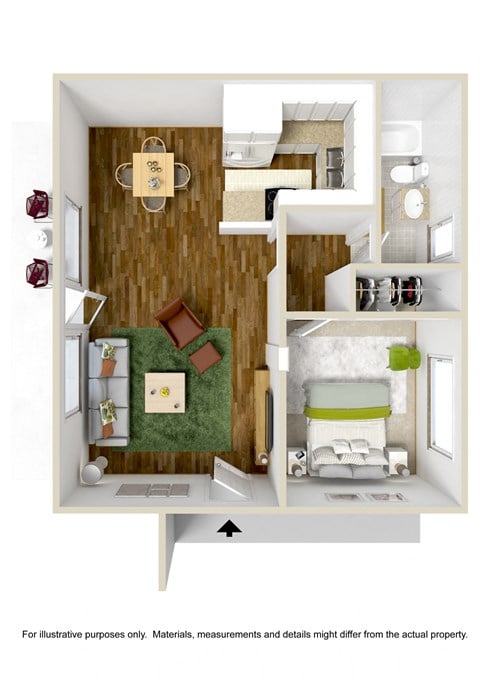 Floor plan for 1 bed, 1 bath, 687 sqft